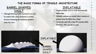 T
E
N
S
I
L
E
A
R
C
H
I
T
E
C
T
U
R
E
THE BASIC FORMS OF TENSILE ARCHITECTURE
BARREL SHAPPED
VAULT
• Although featuring double curvature it can only
be created with a steel, aluminium or timber
structure tensioning the membrane placed to
create the curve.
INFLATABLE
• Adopts sinclastic curve to create dimensionally
stable shape
• Inflatable cushions are created where constant air
pressure form the fabric into a shape
• Commonly used with a clear foil material called
ETFE foil , PVC can also be used.
BARREL
SHAPED
VAULT
INFLATABLE
 
