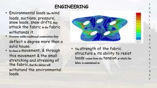 T
E
N
S
I
L
E
A
R
C
H
I
T
E
C
T
U
R
E
ENGINEERING
• Environmental loads like wind
loads, suctions, pressure,
snow loads, snow drifts, they
attack the fabric & the fabric
withstands it.
• However unlike traditional construction they
deflect a degree more than a
solid house.
• So there is movement, & through
this movement & the small
stretching and stressing of
the fabric, that the fabrics will
withstand the environmental
loads.
• The strength of the fabric
structure & its ability to resist
loads comes from the tension at which the
fabric is maintained at.
 