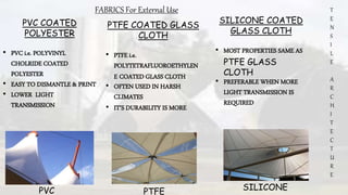 T
E
N
S
I
L
E
A
R
C
H
I
T
E
C
T
U
R
E
FABRICS For External Use
PVC COATED
POLYESTER
• PVC i.e. POLYVINYL
CHOLRIDE COATED
POLYESTER
• EASY TO DISMANTLE & PRINT
• LOWER LIGHT
TRANSMISSION
PTFE COATED GLASS
CLOTH
• PTFE i.e.
POLYTETRAFLUOROETHYLEN
E COATED GLASS CLOTH
• OFTEN USED IN HARSH
CLIMATES
• IT’S DURABILITY IS MORE
SILICONE COATED
GLASS CLOTH
• MOST PROPERTIES SAME AS
PTFE GLASS
CLOTH
• PREFERABLE WHEN MORE
LIGHT TRANSMISSION IS
REQUIRED
PVC PTFE SILICONE
 