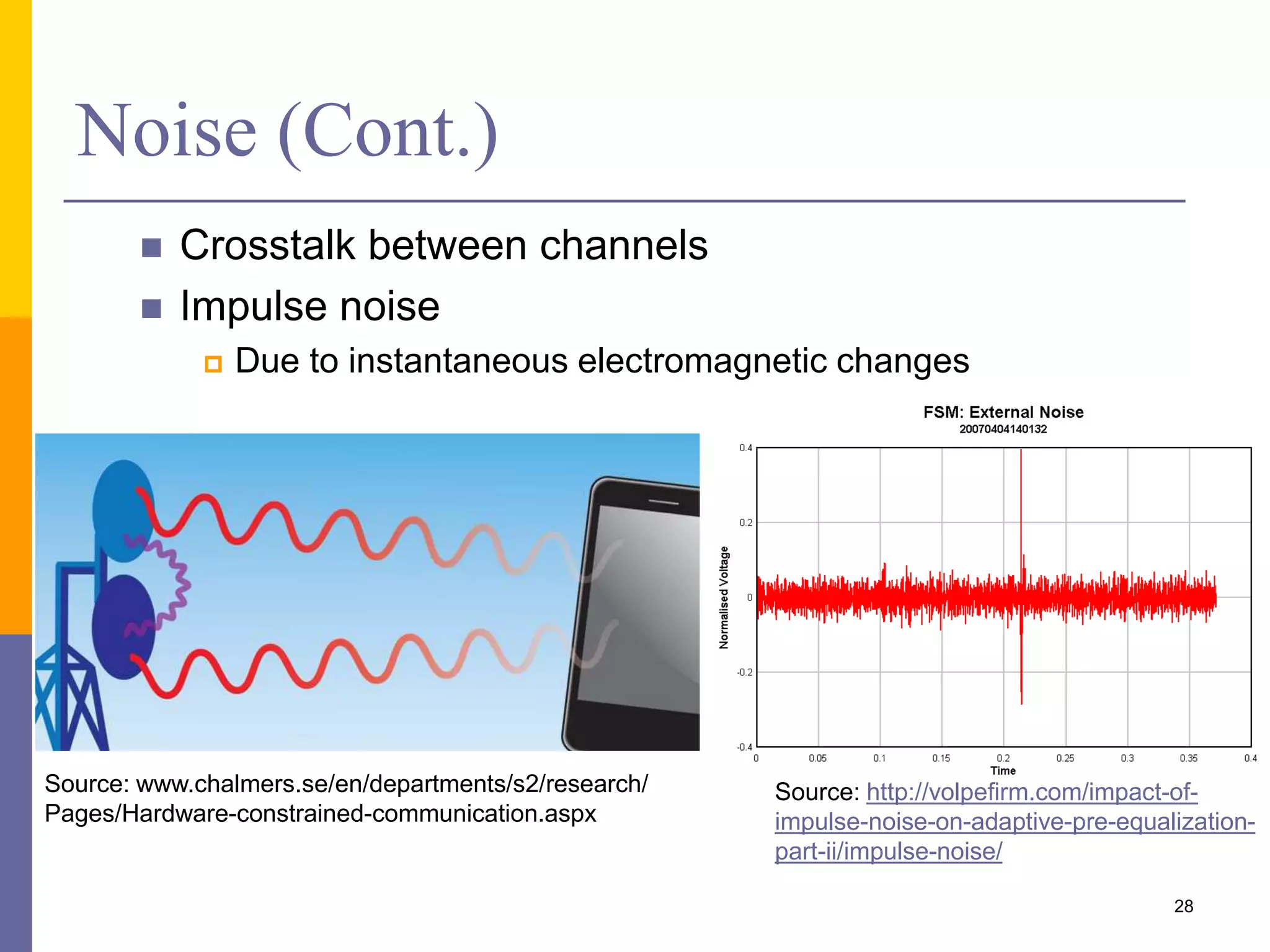 Noise (Cont.)
 Crosstalk between channels
 Impulse noise
 Due to instantaneous electromagnetic changes
28
Source: http://volpefirm.com/impact-of-
impulse-noise-on-adaptive-pre-equalization-
part-ii/impulse-noise/
Source: www.chalmers.se/en/departments/s2/research/
Pages/Hardware-constrained-communication.aspx
 