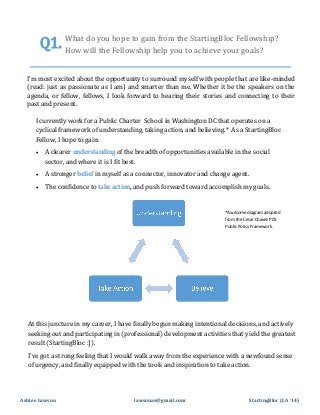 do
Q1. Whatwillyou hope to gain from the StartingBloc Fellowship?
How
the Fellowship help you to achieve your goals?
I’m most excited about the opportunity to surround myself with people that are like-minded
(read: just as passionate as I am) and smarter than me. Whether it be the speakers on the
agenda, or fellow, fellows, I look forward to hearing their stories and connecting to their
past and present.
I currently work for a Public Charter School in Washington DC that operates on a
cyclical framework of understanding, taking action, and believing.* As a StartingBloc
Fellow, I hope to gain:


A clearer understanding of the breadth of opportunities available in the social
sector, and where it is I fit best.



A stronger belief in myself as a connector, innovator and change agent.



The confidence to take action, and push forward toward accomplish my goals.

*Awesome diagram adopted
from the Cesar Chavez PCS
Public Policy Framework.

At this juncture in my career, I have finally begun making intentional decisions, and actively
seeking out and participating in (professional) development activities that yield the greatest
result (StartingBloc :]).
I’ve got a strong feeling that I would walk away from the experience with a newfound sense
of urgency, and finally equipped with the tools and inspiration to take action.

Ashlee Lawson

lawsonas@gmail.com

StartingBloc (LA ‘14)

 