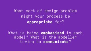 What sort of design problem
might your process be
appropriate for?
What is being emphasised in each
model? What is the modeller
trying to communicate?
 