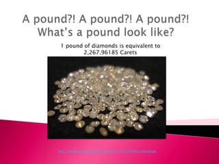 1 pound of diamonds is equivalent to
         2,267.96185 Carets




http://images.cdn.fotopedia.com/flickr-1182138940-original.jpg
 