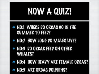NOW A QUIZ!
NO:1 WHERE DO ORCAS GO IN THE
SUMMER TO FEED?
NO:2 HOW LONG DO MALES LIVE?
NO:3 DO ORCAS FEED ON OTHER
WHALES?
NO:4 HOW HEAVY ARE FEMALE ORCAS?
NO:5 ARE ORCAS DOLPHINS?
 