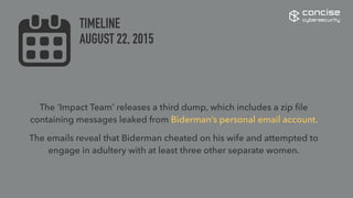 The ‘Impact Team’ releases a third dump, which includes a zip ﬁle
containing messages leaked from Biderman’s personal email account.
The emails reveal that Biderman cheated on his wife and attempted to
engage in adultery with at least three other separate women.
concise
cybersecurity
TIMELINE
AUGUST 22, 2015
 