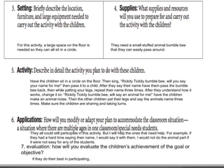 4-5Ashley BenchmusicRickity Tickity Bumble BeeThe children will learn repetition and the other children’s names. They will also learn to share and wait for their turns.If they know each others names, it can help them be more social by encouraging them to make new friends with their classmates. And when they learn to share and wait for their turn, it will help them get along better with other children. In the long run, if they learn these manners at a young age, they will have more patience when they are older along with better social skills.