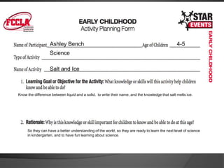Kidney table/art table. Normal preschool setting.Picture of a helmetElmer's glueWashable paintCoffee groundsPaint brushesGive each of the children the picture with the helmet. Pour the paints into small bowls and mix in elmer’s glue with the paint to make it smooth and shiny. Let the children paint the helmets. When they are finished, sprinkle coffee grounds over it. They can feel it and smell it when it is dry.While they are painting explain to them that helmets protect our heads from accidents and that is important to wear them.Help the kids who need it, and with older kids, make it more challenging by asking them to make a pattern on the helmet.7. evaluation: how will you evaluate the children’s achievement of the goal or objective?When they have painted the helmet and understand that helmets are important.
