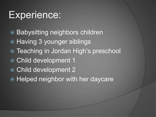 	Ashley Bench	FHS 2600 B-Day	Class Arrangement Paper	The Jordan High preschool room has a variety of developmentally appropriate accommodations for the four-year olds in the preschool, is a large enough space to accommodate to allow up to twenty preschoolers enough room. Our tables and hooks are low to the ground for the children’s reach. The chairs are their size, even the bathroom has the toilet, sink, and paper towels to their size and reach. Many of our activities are open ended allowing creativity and imagination.	In our dramatic play area we have dress up clothes for a variety of occupations; we have puppets and a puppet theatre, a kitchen area with dishes, play food, and shopping carts. There is always plenty of room for the kids to move around, several of the children can play together so they learn social interaction. There are also quiet areas if they want to read a book alone. 	Children develop and grow through developmentally appropriate play. The class room arrangement helps provide areas for the children to express themselves through play. By having many items in the room that are of the right size, encourages them to explore and get involved. 