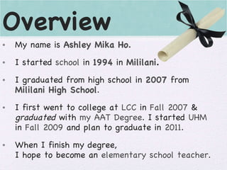 Overview My name is  Ashley Mika Ho. I started   school   in   1994   in  Mililani . I graduated from high school in  2007   from   Mililani High School . I first went to college at  LCC  in  Fall 2007  &  graduated  with  my AAT Degree . I started  UHM  in  Fall 2009  and plan to graduate in  2011 . When I finish my degree, I hope to become an  elementary school teacher . 