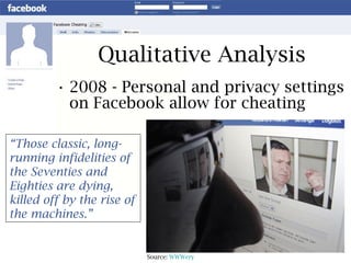 Qualitative Analysis 2008 - Personal and privacy settings on Facebook allow for cheating “ Those classic, long-running infidelities of the Seventies and Eighties are dying, killed off by the rise of the machines.”   Source:  WWWery 