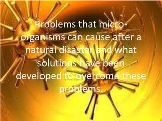 Problems that micro-
organisms can cause after a
natural disaster and what
solutions have been
developed to overcome these
problems.
 