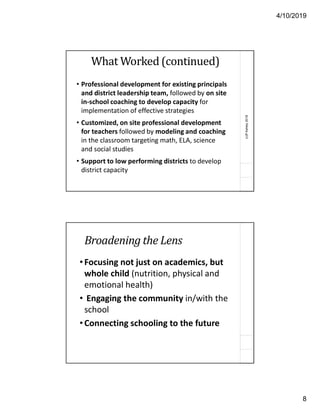 4/10/2019
8
(c)PAshley2018
What Worked (continued)
• Professional development for existing principals
and district leadership team, followed by on site
in-school coaching to develop capacity for
implementation of effective strategies
• Customized, on site professional development
for teachers followed by modeling and coaching
in the classroom targeting math, ELA, science
and social studies
• Support to low performing districts to develop
district capacity
Broadening the Lens
• Focusing not just on academics, but
whole child (nutrition, physical and
emotional health)
• Engaging the community in/with the
school
• Connecting schooling to the future
 
