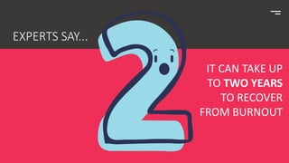 EXPERTS SAY...
IT CAN TAKE UP
TO TWO YEARS
TO RECOVER
FROM BURNOUT
 