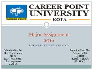 B U S I N E S S R E - E N G I N E E R I N G
Major Assignment
2016
Submitted to: Dr.
Mrs. Tripti Gupta
Ma’m
(Asst. Prof. dept.
of management
studies)
Submitted by : Mr.
Ashwarya Raj
Gautam
(B.Tech. + M.B.A.
6TH SEM.)
 