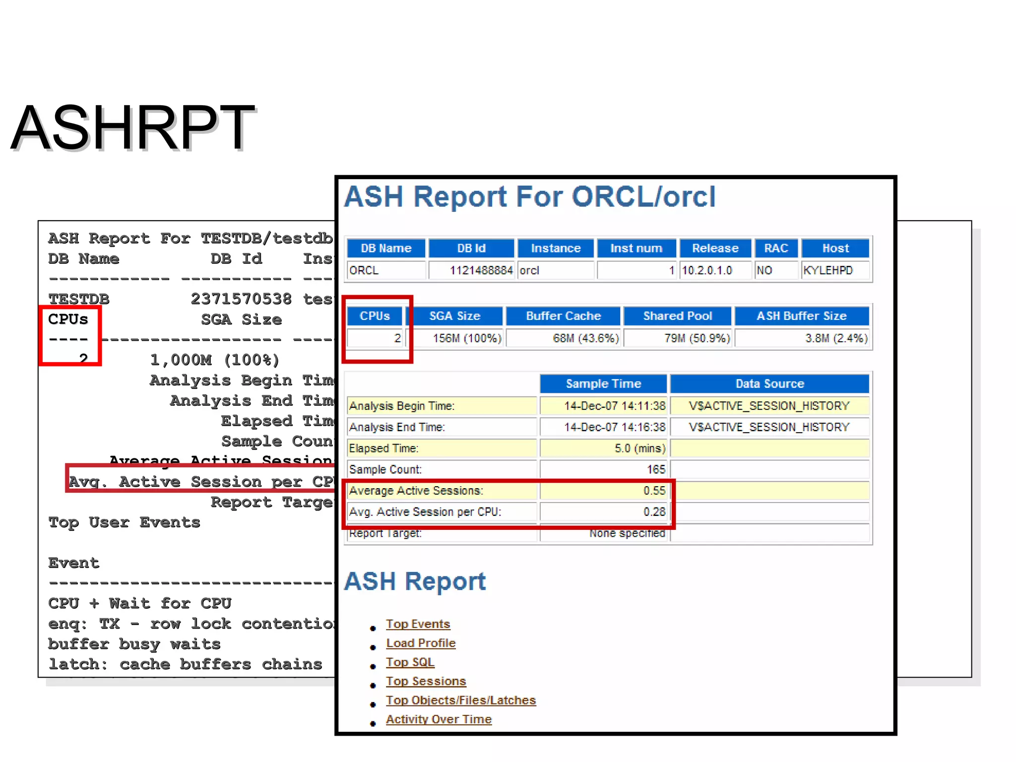 ASHRPTASHRPT
ASH Report For TESTDB/testdbASH Report For TESTDB/testdb
DB Name DB Id Instance Inst Num Release RAC HostDB Name DB Id Instance Inst Num Release RAC Host
------------ ----------- ------------ -------- ----------- --- ------------------------ ----------- ------------ -------- ----------- --- ------------
TESTDB 2371570538 testdb 1 10.2.0.1.0 NO sdbe604aTESTDB 2371570538 testdb 1 10.2.0.1.0 NO sdbe604a
CPUsCPUs SGA Size Buffer Cache Shared Pool ASH Buffer SizeSGA Size Buffer Cache Shared Pool ASH Buffer Size
-------- ------------------ ------------------ ------------------ ------------------------------------ ------------------ ------------------ ------------------
22 1,000M (100%) 468M (46.8%) 112M (11.2%) 4.0M (0.4%)1,000M (100%) 468M (46.8%) 112M (11.2%) 4.0M (0.4%)
Analysis Begin Time: 21-Apr-06 12:00:01Analysis Begin Time: 21-Apr-06 12:00:01
Analysis End Time: 21-Apr-06 12:05:01Analysis End Time: 21-Apr-06 12:05:01
Elapsed Time: 5.0 (mins)Elapsed Time: 5.0 (mins)
Sample Count: 3,716Sample Count: 3,716
Average Active Sessions: 12.39Average Active Sessions: 12.39
Avg. Active Session per CPU: 6.19Avg. Active Session per CPU: 6.19
Report Target: None specifiedReport Target: None specified
Top User Events DB/Inst: TESTDB/testdb (Apr 21 12:00 to 12:05)Top User Events DB/Inst: TESTDB/testdb (Apr 21 12:00 to 12:05)
Avg ActiveAvg Active
Event Event Class % Activity SessionsEvent Event Class % Activity Sessions
----------------------------------- --------------- ---------- --------------------------------------------- --------------- ---------- ----------
CPU + Wait for CPU CPU 67.98 8.42CPU + Wait for CPU CPU 67.98 8.42
enq: TX - row lock contention Application 23.98 2.97enq: TX - row lock contention Application 23.98 2.97
buffer busy waits Concurrency 4.66 0.58buffer busy waits Concurrency 4.66 0.58
latch: cache buffers chains Concurrency 2.26 0.28latch: cache buffers chains Concurrency 2.26 0.28
ASH Report For TESTDB/testdbASH Report For TESTDB/testdb
DB Name DB Id Instance Inst Num Release RAC HostDB Name DB Id Instance Inst Num Release RAC Host
------------ ----------- ------------ -------- ----------- --- ------------------------ ----------- ------------ -------- ----------- --- ------------
TESTDB 2371570538 testdb 1 10.2.0.1.0 NO sdbe604aTESTDB 2371570538 testdb 1 10.2.0.1.0 NO sdbe604a
CPUsCPUs SGA Size Buffer Cache Shared Pool ASH Buffer SizeSGA Size Buffer Cache Shared Pool ASH Buffer Size
-------- ------------------ ------------------ ------------------ ------------------------------------ ------------------ ------------------ ------------------
22 1,000M (100%) 468M (46.8%) 112M (11.2%) 4.0M (0.4%)1,000M (100%) 468M (46.8%) 112M (11.2%) 4.0M (0.4%)
Analysis Begin Time: 21-Apr-06 12:00:01Analysis Begin Time: 21-Apr-06 12:00:01
Analysis End Time: 21-Apr-06 12:05:01Analysis End Time: 21-Apr-06 12:05:01
Elapsed Time: 5.0 (mins)Elapsed Time: 5.0 (mins)
Sample Count: 3,716Sample Count: 3,716
Average Active Sessions: 12.39Average Active Sessions: 12.39
Avg. Active Session per CPU: 6.19Avg. Active Session per CPU: 6.19
Report Target: None specifiedReport Target: None specified
Top User Events DB/Inst: TESTDB/testdb (Apr 21 12:00 to 12:05)Top User Events DB/Inst: TESTDB/testdb (Apr 21 12:00 to 12:05)
Avg ActiveAvg Active
Event Event Class % Activity SessionsEvent Event Class % Activity Sessions
----------------------------------- --------------- ---------- --------------------------------------------- --------------- ---------- ----------
CPU + Wait for CPU CPU 67.98 8.42CPU + Wait for CPU CPU 67.98 8.42
enq: TX - row lock contention Application 23.98 2.97enq: TX - row lock contention Application 23.98 2.97
buffer busy waits Concurrency 4.66 0.58buffer busy waits Concurrency 4.66 0.58
latch: cache buffers chains Concurrency 2.26 0.28latch: cache buffers chains Concurrency 2.26 0.28
 