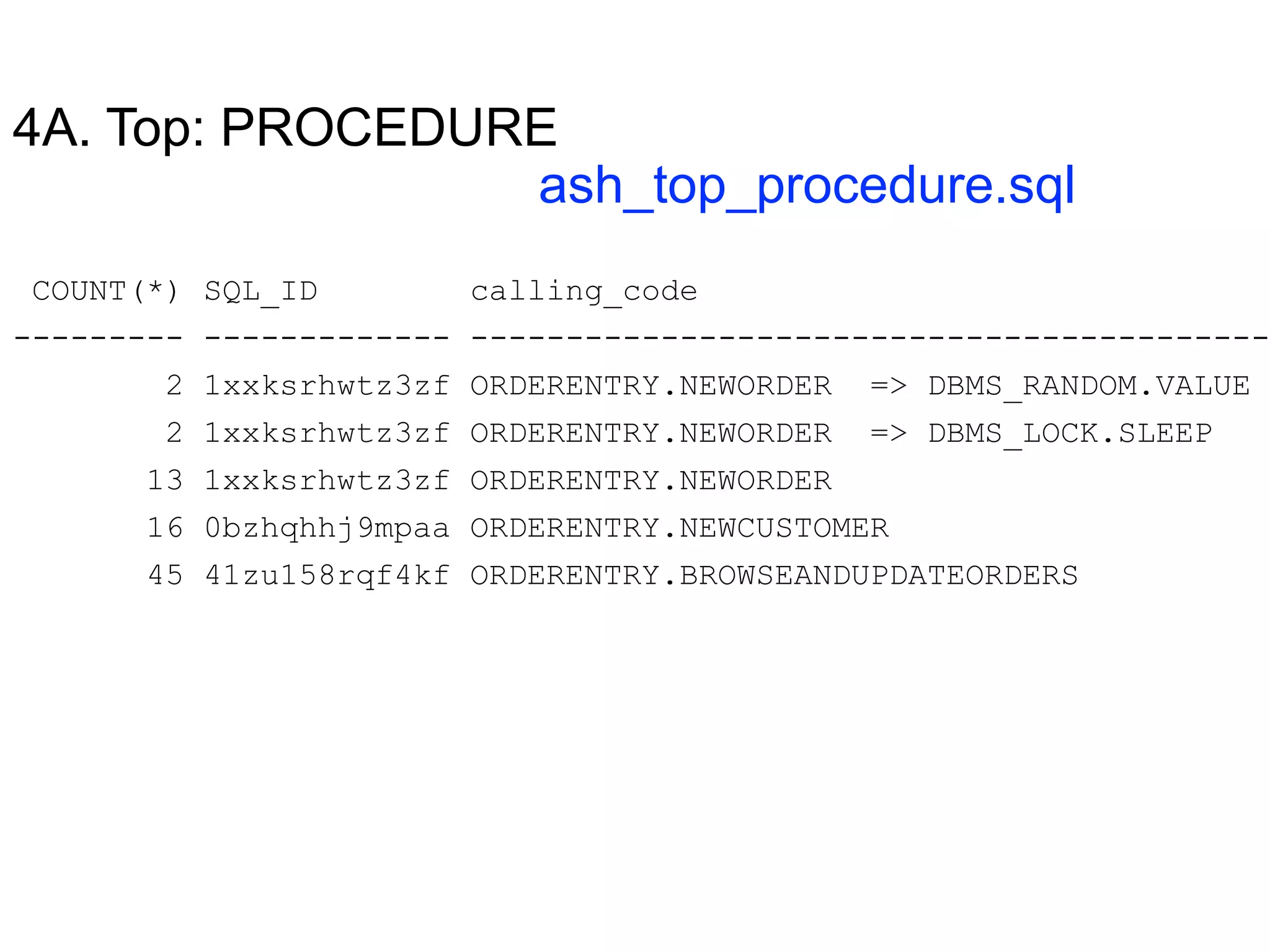 4A. Top: PROCEDURE
ash_top_procedure.sql
COUNT(*) SQL_ID calling_code
--------- ------------- ------------------------------------------
2 1xxksrhwtz3zf ORDERENTRY.NEWORDER => DBMS_RANDOM.VALUE
2 1xxksrhwtz3zf ORDERENTRY.NEWORDER => DBMS_LOCK.SLEEP
13 1xxksrhwtz3zf ORDERENTRY.NEWORDER
16 0bzhqhhj9mpaa ORDERENTRY.NEWCUSTOMER
45 41zu158rqf4kf ORDERENTRY.BROWSEANDUPDATEORDERS
 