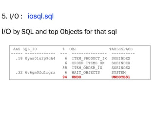 5. I/O : iosql.sql
I/O by SQL and top Objects for that sql
AAS SQL_ID % OBJ TABLESPACE
----- ------------- --- --------------- ----------
.18 0yas01u2p9ch4 6 ITEM_PRODUCT_IX SOEINDEX
6 ORDER_ITEMS_UK SOEINDEX
88 ITEM_ORDER_IX SOEINDEX
.32 6v6gm0fd1rgrz 6 WAIT_OBJECTS SYSTEM
94 UNDO UNDOTBS1
 