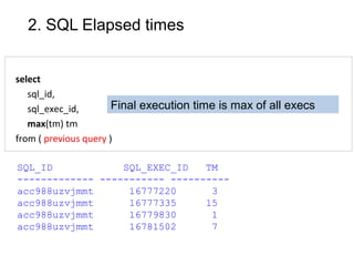 2. SQL Elapsed times
select
sql_id,
sql_exec_id,
max(tm) tm
from ( previous query )
Final execution time is max of all execs
SQL_ID SQL_EXEC_ID TM
------------- ----------- ----------
acc988uzvjmmt 16777220 3
acc988uzvjmmt 16777335 15
acc988uzvjmmt 16779830 1
acc988uzvjmmt 16781502 7
 