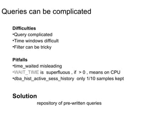 Queries can be complicated
Difficulties
•Query complicated
•Time windows difficult
•Filter can be tricky
Pitfalls
•time_waited misleading
•WAIT_TIME is superfluous , if > 0 , means on CPU
•dba_hist_active_sess_history only 1/10 samples kept
Solution
repository of pre-written queries
 