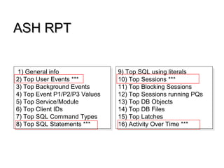 ASH RPTASH RPT
1) General info
2) Top User Events ***
3) Top Background Events
4) Top Event P1/P2/P3 Values
5) Top Service/Module
6) Top Client IDs
7) Top SQL Command Types
8) Top SQL Statements ***
1) General info
2) Top User Events ***
3) Top Background Events
4) Top Event P1/P2/P3 Values
5) Top Service/Module
6) Top Client IDs
7) Top SQL Command Types
8) Top SQL Statements ***
9) Top SQL using literals
10) Top Sessions ***
11) Top Blocking Sessions
12) Top Sessions running PQs
13) Top DB Objects
14) Top DB Files
15) Top Latches
16) Activity Over Time ***
9) Top SQL using literals
10) Top Sessions ***
11) Top Blocking Sessions
12) Top Sessions running PQs
13) Top DB Objects
14) Top DB Files
15) Top Latches
16) Activity Over Time ***
 