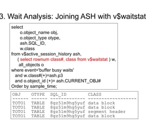 3. Wait Analysis: Joining ASH with v$waitstat
select
o.object_name obj,
o.object_type otype,
ash.SQL_ID,
w.class
from v$active_session_history ash,
( select rownum class#, class from v$waitstat ) w,
all_objects o
where event='buffer busy waits'
and w.class#(+)=ash.p3
and o.object_id (+)= ash.CURRENT_OBJ#
Order by sample_time;
OBJ OTYPE SQL_ID CLASS
------ ------ ------------- ------------------
TOTO1 TABLE 8gz51m9hg5yuf data block
TOTO1 TABLE 8gz51m9hg5yuf data block
TOTO1 TABLE 8gz51m9hg5yuf segment header
TOTO1 TABLE 8gz51m9hg5yuf data block
 
