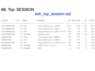 4B. Top: SESSION
ash_top_session.sql
STATUS SID NAME PROGRAM CPU WAITING IO TOTAL
------------ ----- ------------ ------------------------- ----- ------- ----- ------
DISCONNECTED 54 SYS oracle@source (J000) 1227 540 152 1919
DISCONNECTED 57 SYS oracle@source (J001) 725 160 18 903
DISCONNECTED 71 SYS sqlplus@source (TNS V1-V3 535 60 36 631
DISCONNECTED 67 SYSTEM LAB128.exe 187 182 148 517
CONNECTED 10 SYS oracle@source (DBW0) 267 171 0 438
CONNECTED 11 SYS oracle@source (LGWR) 10 357 0 367
DISCONNECTED 44 SYS sqlplus@source (TNS V1-V3 103 158 15 276
CONNECTED 53 SYSTEM JDBC Thin Client 129 33 0 162
CONNECTED 36 SYSMAN OMS 6 114 0 120
 