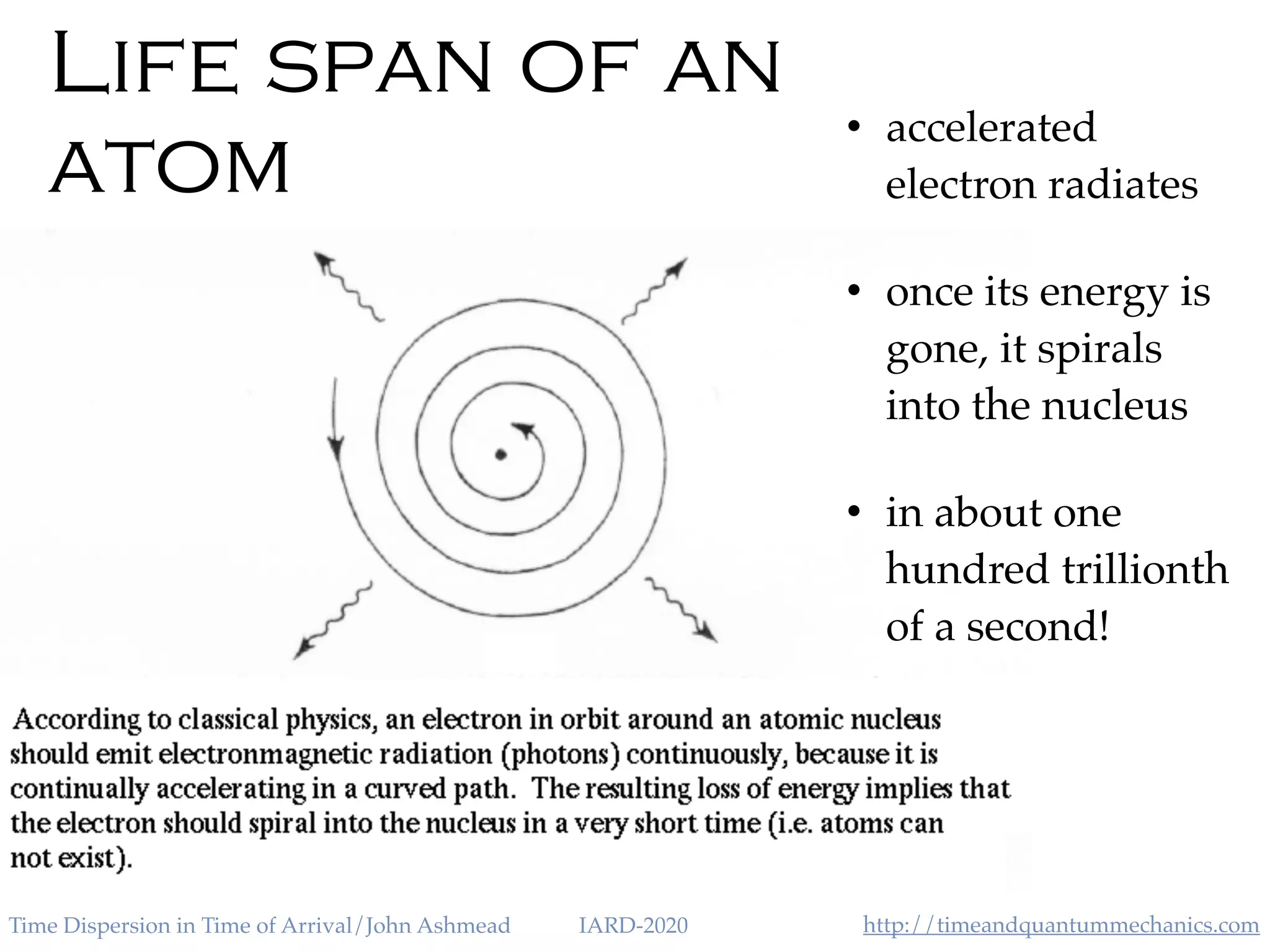 http://timeandquantummechanics.comTime Dispersion in Time of Arrival/John Ashmead IARD-2020
Life span of an
atom
• accelerated
electron radiates
• once its energy is
gone, it spirals
into the nucleus
• in about one
hundred trillionth
of a second!
 