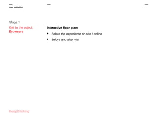 user evaluation

Stage 1
Get to the object:
Browsers

Interactive ﬂoor plans

‣

Relate the experience on site / online

‣

Before and after visit

 