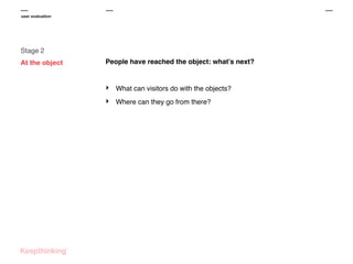 user evaluation

Stage 2
At the object

People have reached the object: what’s next?

‣

What can visitors do with the objects?

‣

Where can they go from there?

 