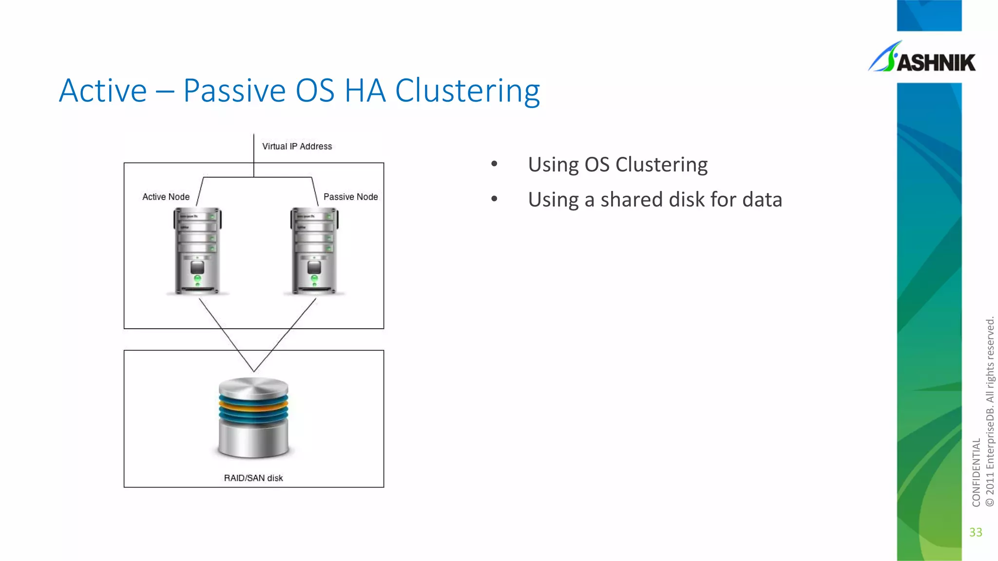 Active – Passive OS HA Clustering
Using OS Clustering

•

Using a shared disk for data

CONFIDENTIAL
© 2011 EnterpriseDB. All rights reserved.

•

33

 
