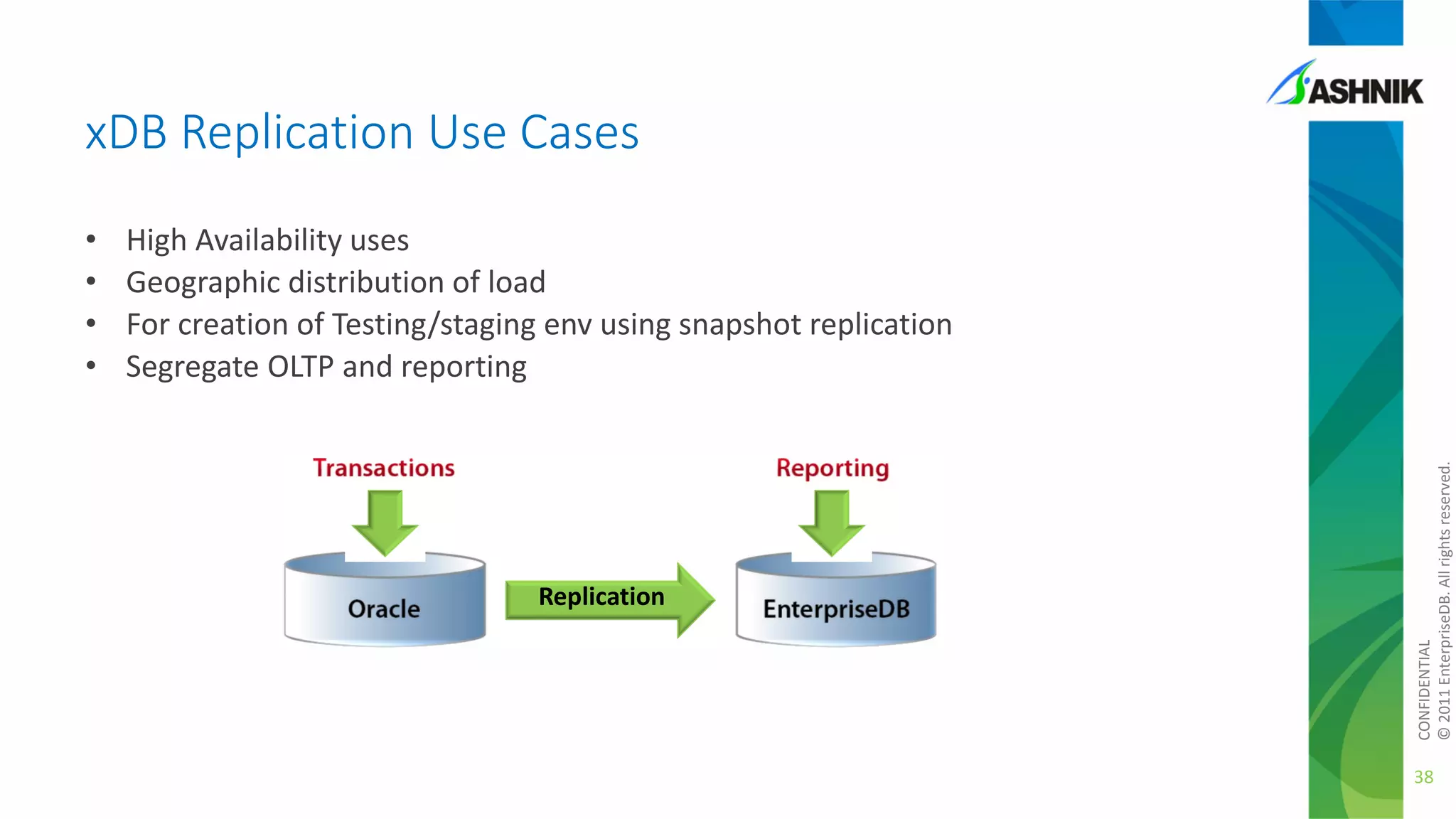 xDB Replication Use Cases
High Availability uses
Geographic distribution of load
For creation of Testing/staging env using snapshot replication
Segregate OLTP and reporting

Replication

CONFIDENTIAL
© 2011 EnterpriseDB. All rights reserved.

•
•
•
•

38

 