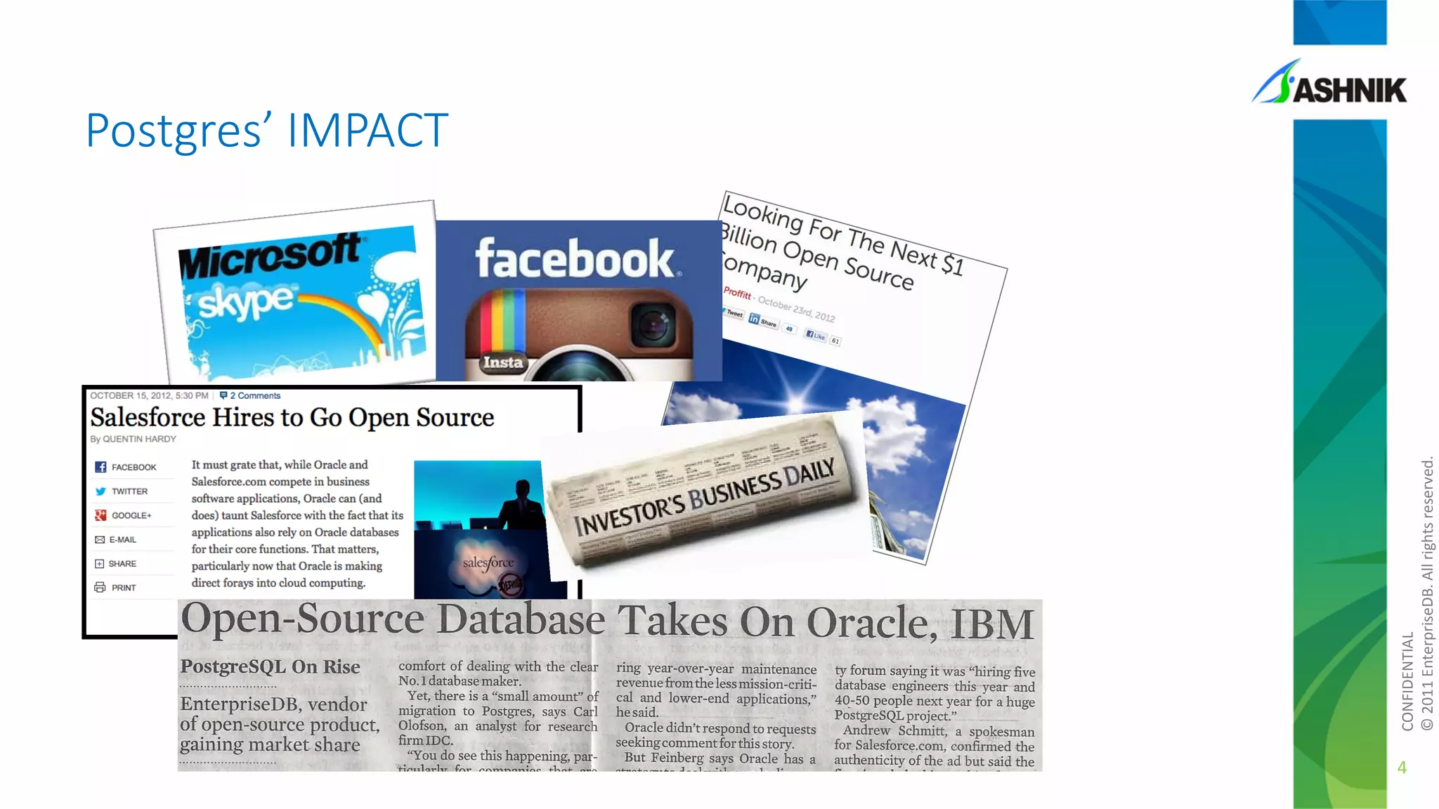 CONFIDENTIAL
© 2011 EnterpriseDB. All rights reserved.

Postgres’ IMPACT

4

 