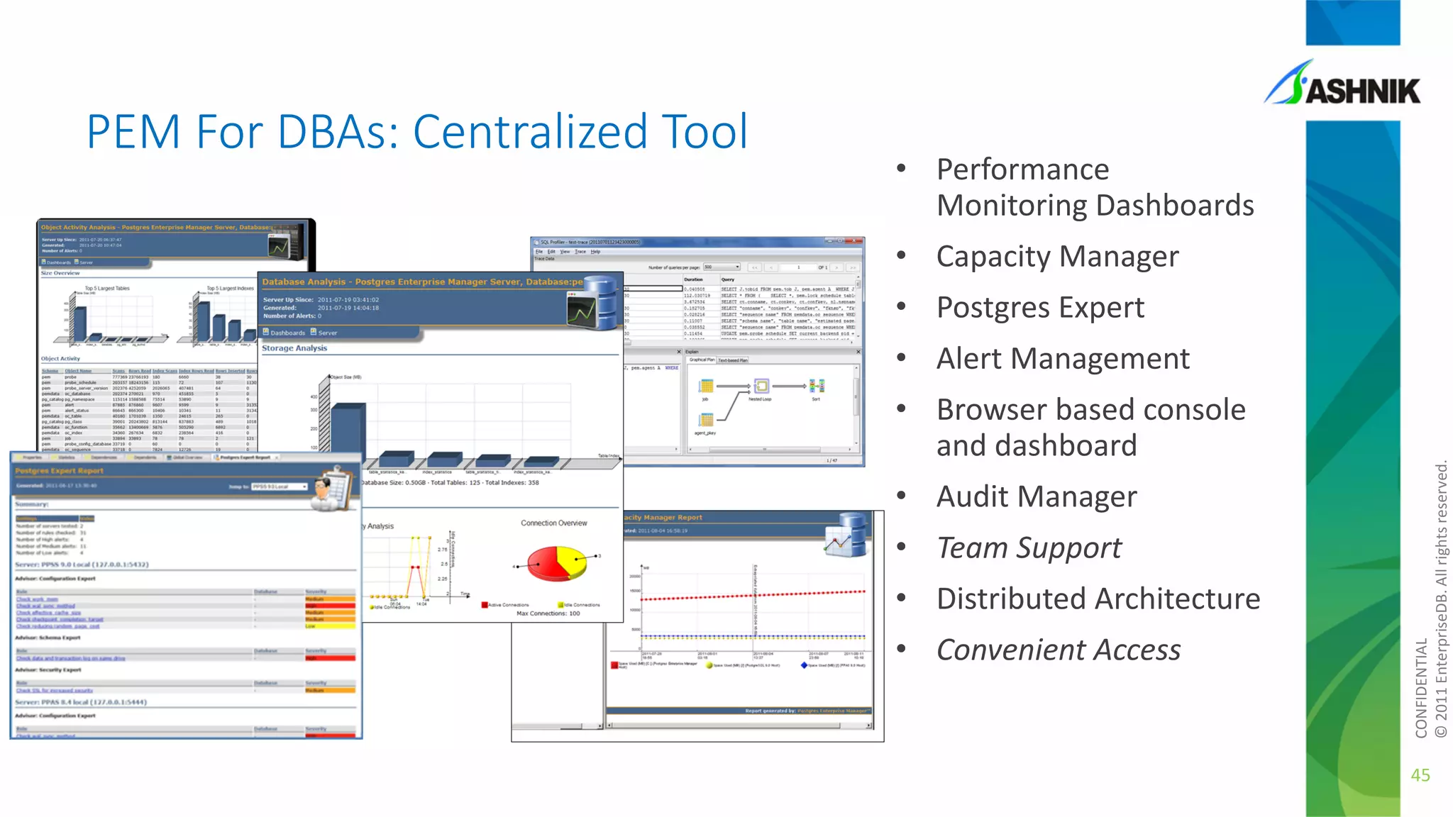 • Performance
Monitoring Dashboards
• Capacity Manager
• Postgres Expert
• Alert Management
• Browser based console
and dashboard
• Audit Manager
• Team Support
• Distributed Architecture
• Convenient Access

CONFIDENTIAL
© 2011 EnterpriseDB. All rights reserved.

PEM For DBAs: Centralized Tool

45

 