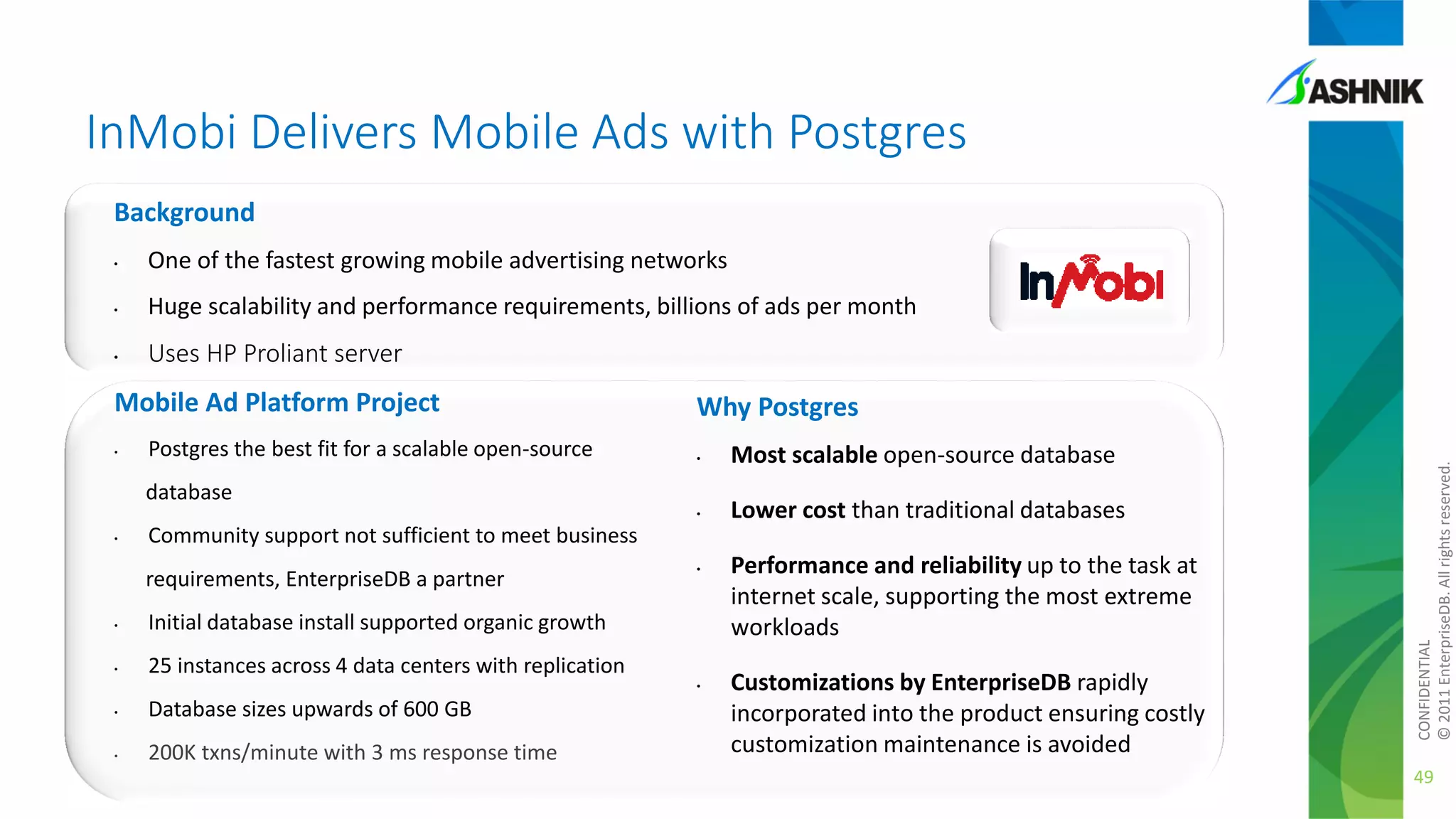 InMobi Delivers Mobile Ads with Postgres
Background
•

One of the fastest growing mobile advertising networks

•

Huge scalability and performance requirements, billions of ads per month

•

Uses HP Proliant server

Postgres the best fit for a scalable open-source

Why Postgres
•

Most scalable open-source database

•

•

Lower cost than traditional databases

database
•

Community support not sufficient to meet business
requirements, EnterpriseDB a partner

•

Initial database install supported organic growth

•

•

25 instances across 4 data centers with replication
•

•

Database sizes upwards of 600 GB

•

200K txns/minute with 3 ms response time

Performance and reliability up to the task at
internet scale, supporting the most extreme
workloads
Customizations by EnterpriseDB rapidly
incorporated into the product ensuring costly
customization maintenance is avoided

CONFIDENTIAL
© 2011 EnterpriseDB. All rights reserved.

Mobile Ad Platform Project

49

 