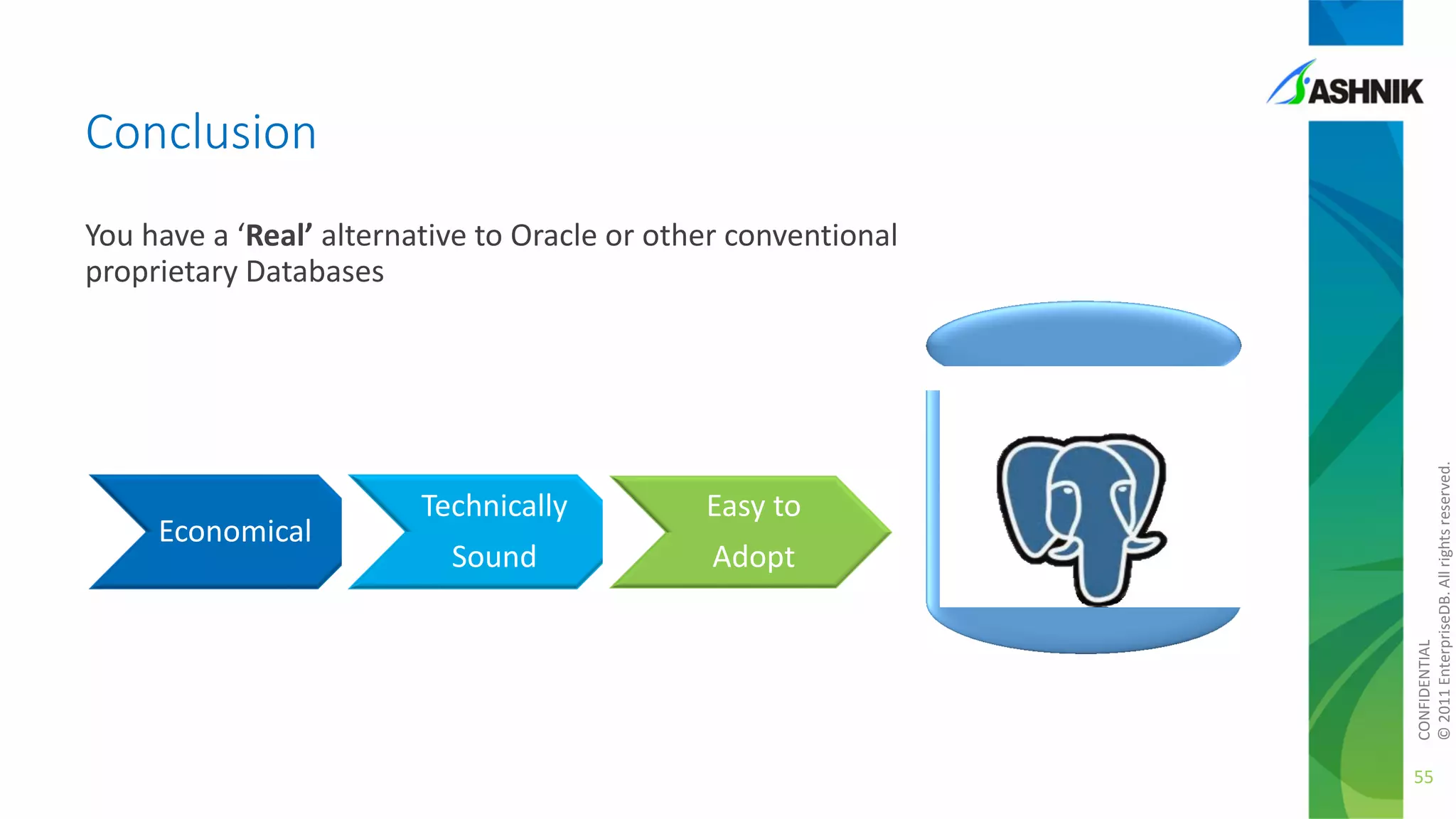 Conclusion

Economical

Technically

Easy to

Sound

Adopt

CONFIDENTIAL
© 2011 EnterpriseDB. All rights reserved.

You have a ‘Real’ alternative to Oracle or other conventional
proprietary Databases

55

 