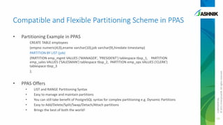 Compatible and Flexible Partitioning Scheme in PPAS
Partitioning Example in PPAS
CREATE TABLE employees
(empno numeric(4,0),ename varchar(10),job varchar(9),hiredate timestamp)
PARTITION BY LIST (job)
(PARTITION emp_mgmt VALUES ('MANAGER', 'PRESIDENT') tablespace tbsp_1, PARTITION
emp_sales VALUES ('SALESMAN') tablespace tbsp_2, PARTITION emp_ops VALUES ('CLERK')
tablespace tbsp_3
);

•

PPAS Offers
•
•
•
•
•

LIST and RANGE Partitioning Syntax
Easy to manage and maintain partitions
You can still take benefit of PostgreSQL syntax for complex partitioning e.g. Dynamic Partitions
Easy to Add/Delete/Split/Swap/Detach/Attach partitions
Brings the best of both the world!

CONFIDENTIAL
© 2011 EnterpriseDB. All rights reserved.

•

19

 