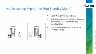 Hot Streaming Replication (Hot Standby Mode)
Uses WAL (Write Ahead Log)

•

WAL is continuously shipped through
an opened TCP channel to Hot
Standby Node

•

Hot Standby node can be used for
read scalability

CONFIDENTIAL
© 2011 EnterpriseDB. All rights reserved.

•

34

 