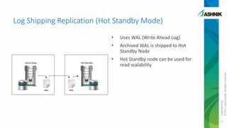 Log Shipping Replication (Hot Standby Mode)
Uses WAL (Write Ahead Log)

•

Archived WAL is shipped to Hot
Standby Node

•

Hot Standby node can be used for
read scalability
CONFIDENTIAL
© 2011 EnterpriseDB. All rights reserved.

•

35

 