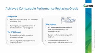 Achieved Comparable Performance Replacing Oracle
Background
Multi-terabyte Oracle DB and needed to
reduce DB costs

•

Running old, unsupported version of
Oracle and had to pay to upgrade

Why Postgres
•

2.2 TeraByte system migrated and
now running on Postgres Plus
Advanced Server

The EPBS Project
•

Engaged EnterpriseDB consulting
services to migrate

•

Current performance is comparable
to Oracle

•

Unique migration process developed
and implemented

•

Costs reduced significantly by
migrating to EnterpriseDB solutions

CONFIDENTIAL
© 2011 EnterpriseDB. All rights reserved.

•

51

 