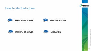 How to start adoption

BACKUP / DR SERVER

NEW APPLICATION

MIGRATION

CONFIDENTIAL
© 2011 EnterpriseDB. All rights reserved.

REPLICATION SERVER

54

 