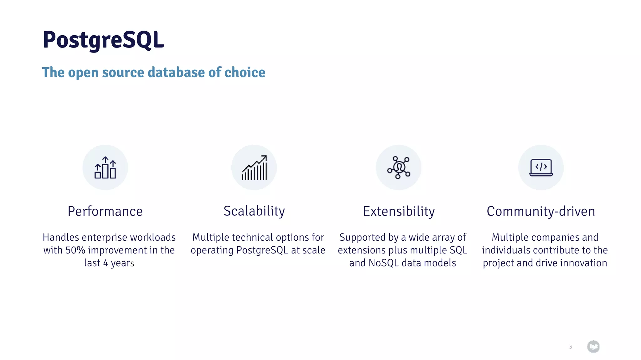 PostgreSQL 3 The open source database of choice Performance Scalability Extensibility Community-driven Handles enterprise workloads with 50% improvement in the last 4 years Multiple technical options for operating PostgreSQL at scale Supported by a wide array of extensions plus multiple SQL and NoSQL data models Multiple companies and individuals contribute to the project and drive innovation 