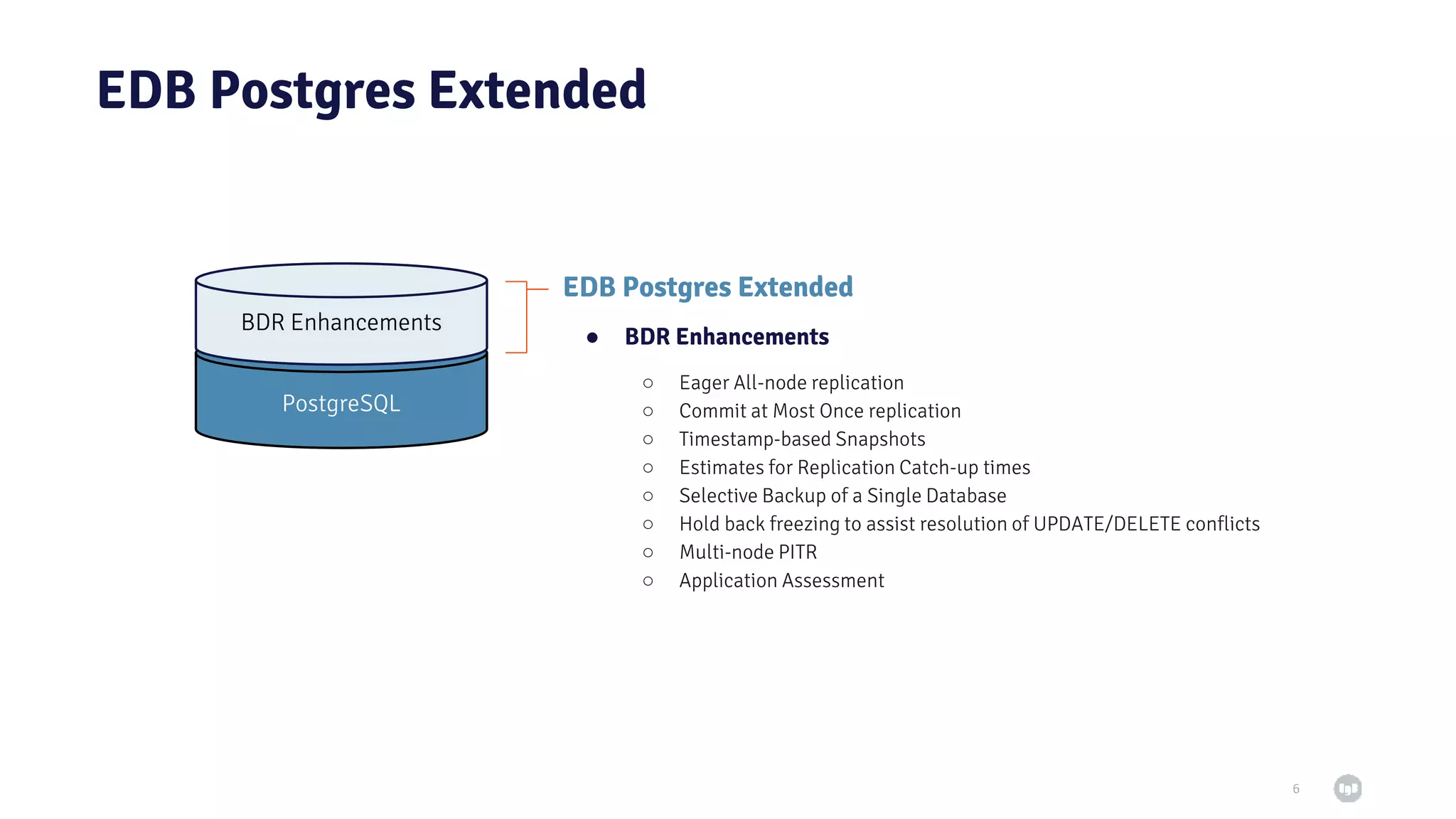 EDB Postgres Extended ● BDR Enhancements ○ Eager All-node replication ○ Commit at Most Once replication ○ Timestamp-based Snapshots ○ Estimates for Replication Catch-up times ○ Selective Backup of a Single Database ○ Hold back freezing to assist resolution of UPDATE/DELETE conflicts ○ Multi-node PITR ○ Application Assessment 6 EDB Postgres Extended PostgreSQL BDR Enhancements 