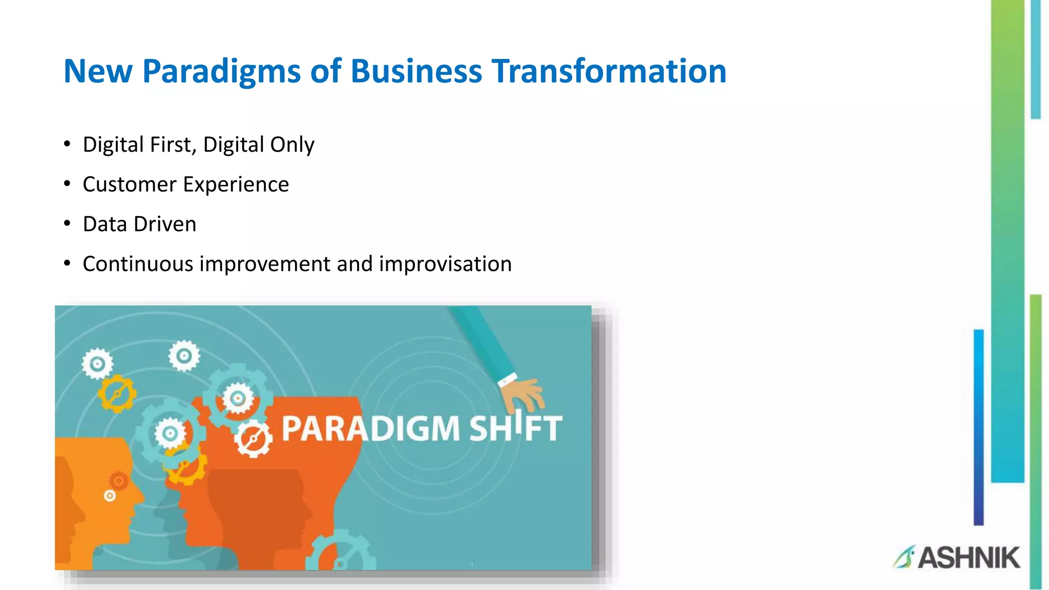 New Paradigms of Business Transformation • Digital First, Digital Only • Customer Experience • Data Driven • Continuous improvement and improvisation 