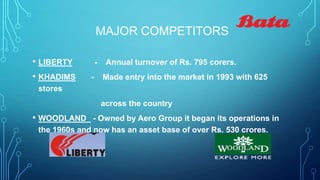 MAJOR COMPETITORS
• LIBERTY
• KHADIMS

-

-

Annual turnover of Rs. 795 corers.

Made entry into the market in 1993 with 625

stores
across the country

• WOODLAND - Owned by Aero Group it began its operations in
the 1960s and now has an asset base of over Rs. 530 crores.

 