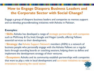 How to Engage Diaspora Business Leaders and
   the Corporate Sector with Social Change?
Engage a group of diaspora business leaders and companies to mentor, support
and co-develop groundbreaking initiatives with Ashoka in Pakistan.

Examples:
• Skills: Ashoka has developed a range of strategic partnerships with companies
such as McKinsey & Co, Intel, Google and Hogan Lovells, offering Fellows
essential services to their development.
• Strategy: the Ashoka Support Network members (ASN) is a network of
business people who personally engage with the Ashoka Fellows on a regular
basis through sounding boards or coaching sessions, helping them to define and
implement the development strategy of their ventures.
• Ecosystem: Ashoka and its community establish partnerships with companies
that want to play a role in local development and co-create initiatives to support
innovations impacting the social sector.
 