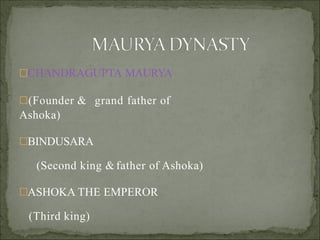 CHANDRAGUPTA MAURYA
(Founder & grand father of
Ashoka)
BINDUSARA
(Second king & father of Ashoka)
ASHOKA THE EMPEROR
(Third king)
 