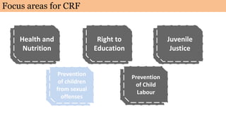 Health and
Nutrition
Right to
Education
Juvenile
Justice
Prevention
of children
from sexual
offenses
Prevention
of Child
Labour
Focus areas for CRF
Health and
Nutrition
Right to
Education
Juvenile
Justice
Prevention
of children
from sexual
offenses
Prevention
of Child
Labour
 
