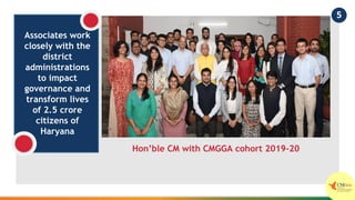 Associates work
closely with the
district
administrations
to impact
governance and
transform lives
of 2.5 crore
citizens of
Haryana
5
Hon’ble CM with CMGGA cohort 2019-20
 