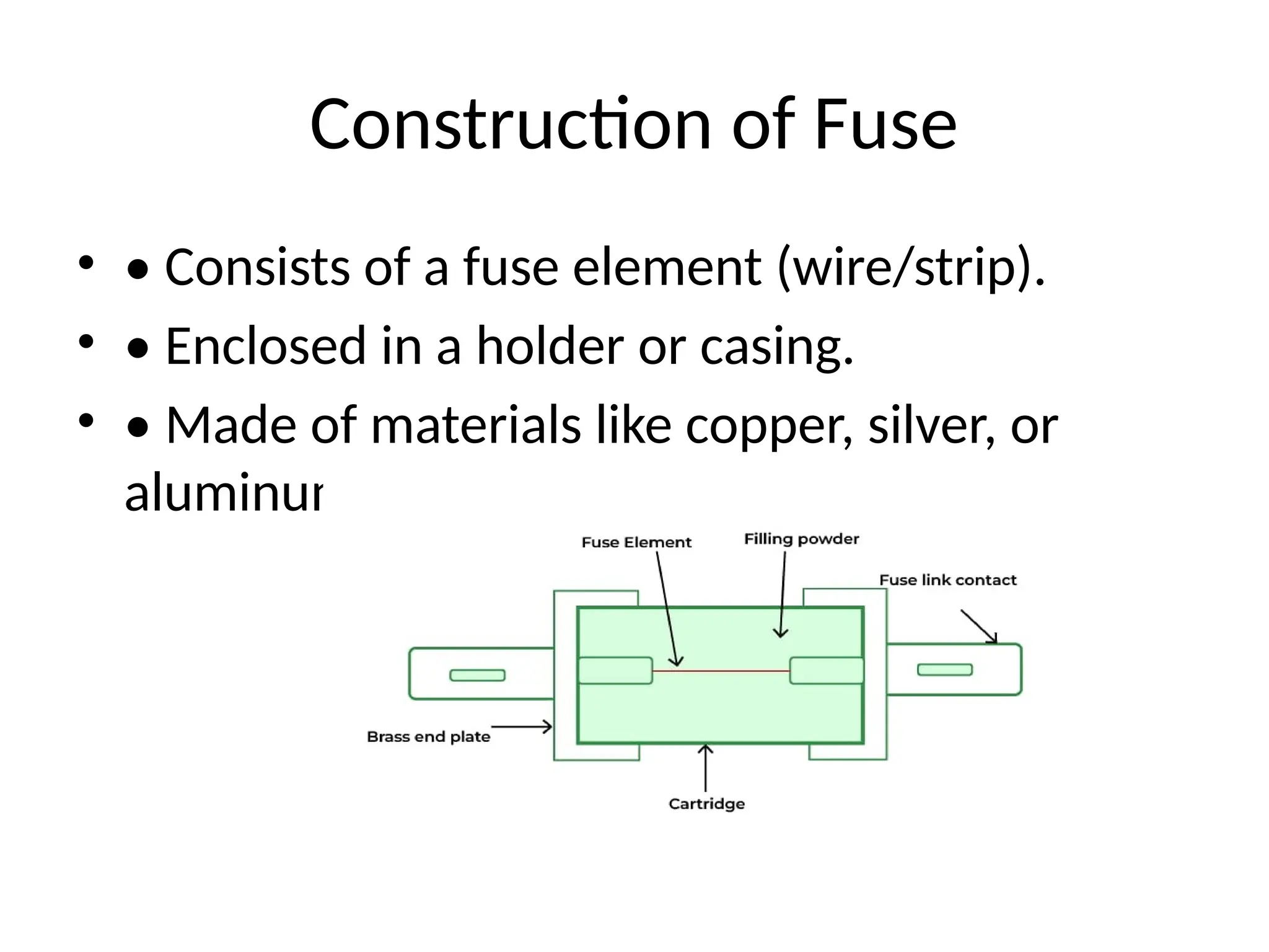 Construction of Fuse
• • Consists of a fuse element (wire/strip).
• • Enclosed in a holder or casing.
• • Made of materials like copper, silver, or
aluminum.
 