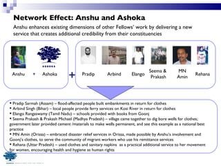 Network Effect: Anshu and Ashoka Anshu Ashoka + + Anshu enhances existing dimensions of other Fellows’ work by delivering a new service that creates additional credibility from their constituencies  Pradip Arbind Elango MN Amin Rehana Seema &  Prakash Pradip Sarmah (Assam) – flood-affected people built embankments in return for clothes Arbind Singh (Bihar) – local people provide ferry services on Kosi River in return for clothes Elango Rangaswamy (Tamil Nadu) – schools provided with books from Goonj Seema Prakash & Prakash Michael (Madhya Pradesh) – village came together to dig bore wells for clothes;  government later provided cement /materials to make wells permanent, and see this example as a national best practice MN Amin (Orissa) – embraced disaster relief services in Orissa, made possible by Anshu’s involvement and Goonj’s clothes, to serve the community of migrant workers who use his remittance services Rehana (Uttar Pradesh) – used clothes and sanitary napkins  as a practical additional service to her movement for women, encouraging health and hygiene as human rights 